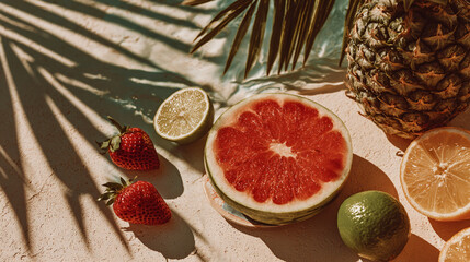 Fresh tropical fruits arrangement with vibrant grapefruit and strawberries under palm tree leaf shadows on a warm textured sunny background for summer vibe