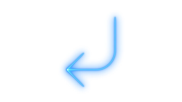 Glowing neon blue return arrow icon isolated on transparent background. Keyboard enter key symbol. Left curved pointer. Navigation direction. Interface element.