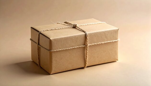 Brown wrapped parcel on beige background.