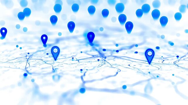 Abstract digital map background with multiple blue location pin markers representing global connectivity.