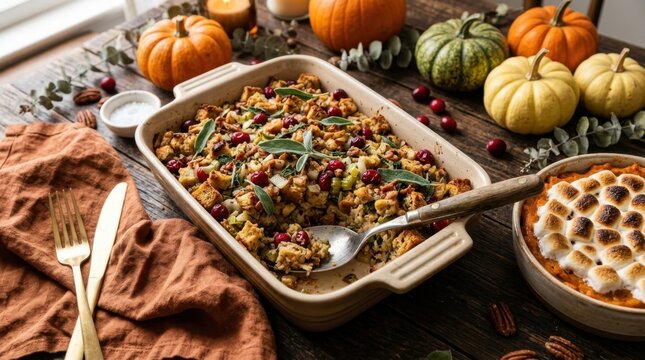 A golden baked Thanksgiving stuffing dish with cranberries and sage, served in a rustic casserole dish with autumn decor.
