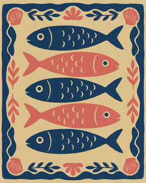 Sardines fish illustration pattern in mediterranean style frame for seafood poster