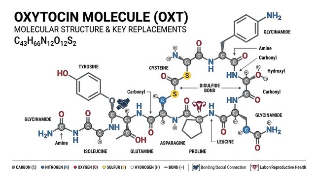 Detailed Chemical Structure of Oxytocin Molecule with Labels.