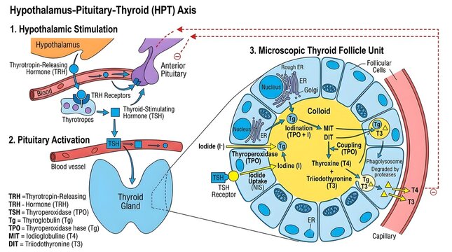 Illustration of Hypothalamic Pituitary Thyroid Axis and Thyroid Gland Function.