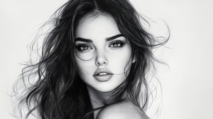 Fototapeta premium Black and white portrait of a woman with long wavy hair and bare shoulder, face obscured by a square overlay, evoking a mysterious and intimate mood