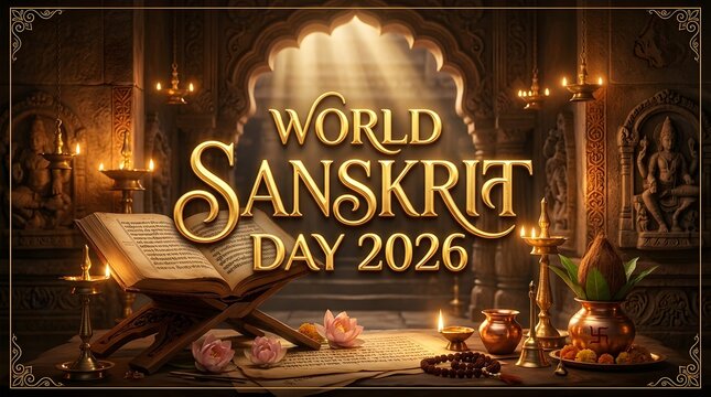 Candlelit Sanskrit book World Sanskrit Day 2026 poster