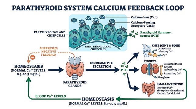 Detailed diagram illustrating the parathyroid system calcium feedback loop and its regulation of blood calcium levels through various organs.