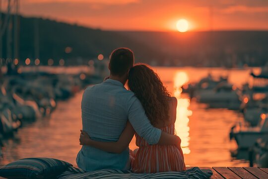 Couple embracing watching sunset over harbor