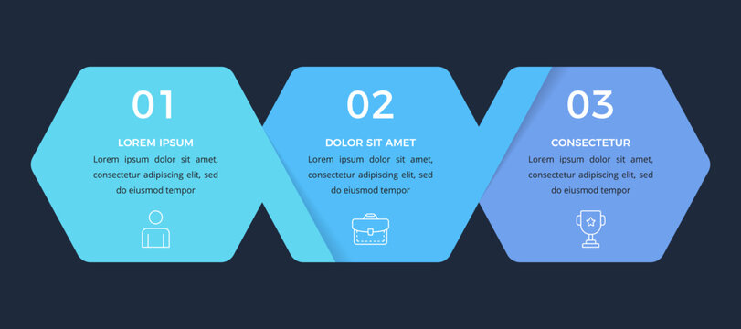Infographic template featuring a horizontal layout with three hexagonal elements, dark background