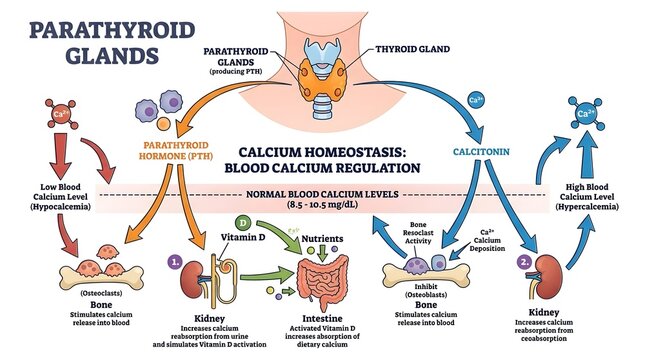 Medical illustration of parathyroid glands and calcium regulation in the body.