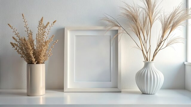 White frame mockup and dry twigs in vase on bookshelf or table white colors