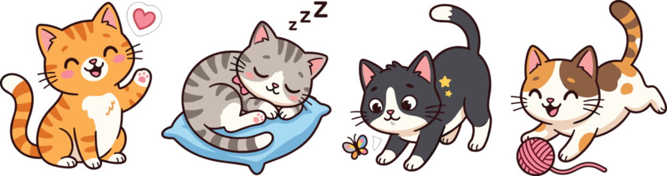 Cute happy cartoon kittens sticker set showing various emotions playing sleeping waving and jumping vector illustration character design