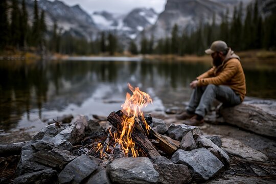 Campfire burning near lake, man enjoying nature solitude