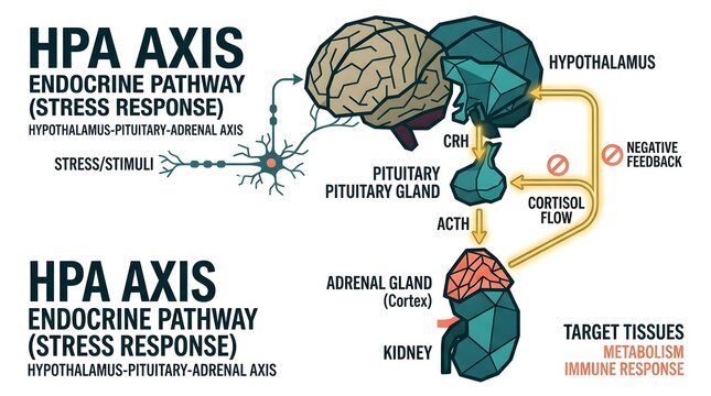 A detailed diagram illustrating the HPA axis endocrine pathway, showing the stress response involving the hypothalamus, pituitary, and adrenal glands, and cortisol flow with negative feedback.