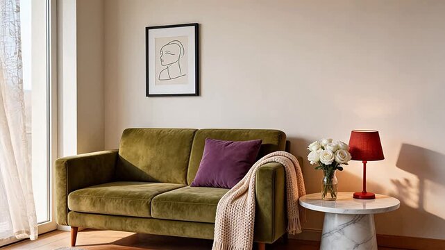 Cozy living room with green sofa