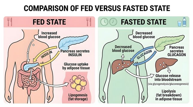 Comparison of fed versus fasted state in human body showing glucose regulation, insulin, glucagon, and fat metabolism.