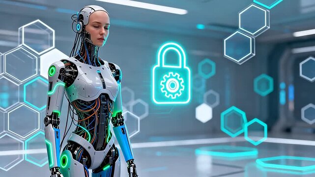 Futuristic female robot in high tech environment