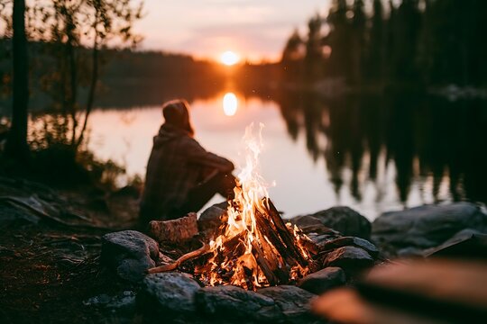 Person camping outdoor by campfire at sunset