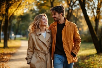 Fototapeta premium Couple walking arm in arm along a tree-lined park path in autumn, wearing coats and sharing a warm, tender moment amid golden leaves and soft afternoon light