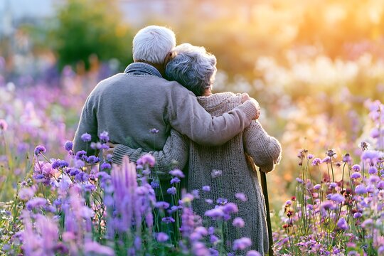 Senior couple embracing in a field of flowers at sunset