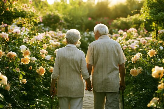Elderly couple walking hand in hand in rose garden