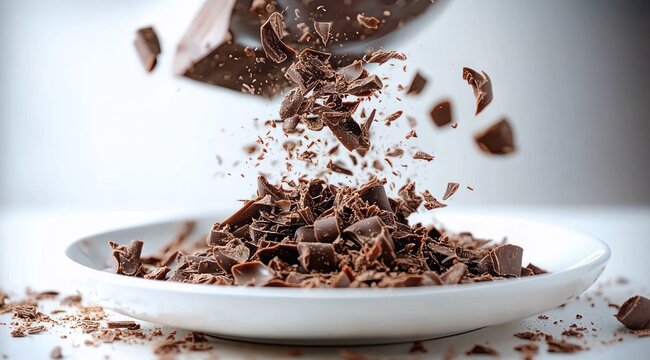 falling chocolate shavings and broken chocolate pieces landing on a white plate, rich tempting indulgent close-up with scattered crumbs