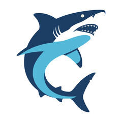 Naklejka premium Minimalist shark silhouette in a striking curved swimming pose with its mouth open on a solid white background. Marine life and predatory concept