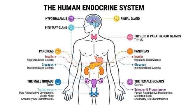 Anatomy of the human endocrine system showing major glands, hormones, and their functions in both male and female bodies.