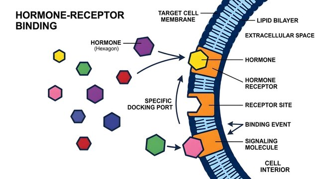 Diagram illustrating the process of hormone-receptor binding on a target cell membrane, showing ligand interaction and signaling initiation.