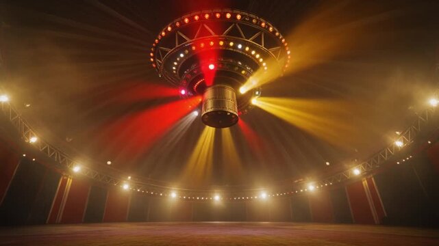 Cinematic circus big top stage floor toward an overhead rotating light rig, the rig slowly spinning