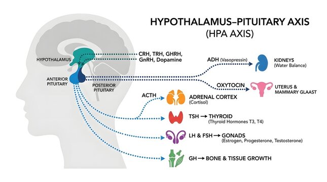 Detailed diagram illustrating the Hypothalamus-Pituitary Axis (HPA axis), showing hormone release and target organs in the human body.