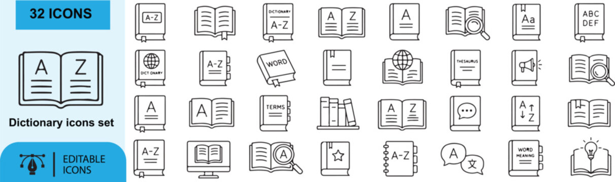 Dictionary and Language Learning Outline Icons Set &ndash; A-Z Book, Glossary, Thesaurus, Translation, Vocabulary and Education Line Vector Collection
