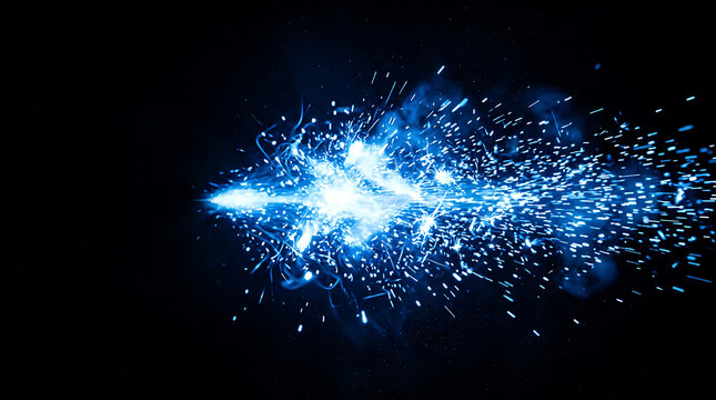 Bright blue electric sparks and particles exploding horizontally against a black background photo