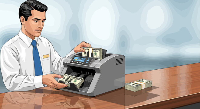 Bank teller using automatic currency counting machine to count dollar bills at counter.