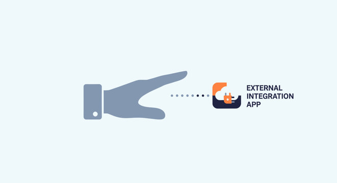 Stylized hand icon pointing to external integration app logo representing software connection and API linking.