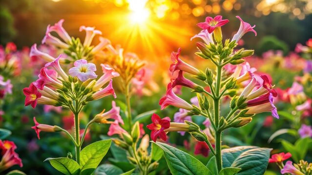 Colorful flowers of fragrant tobacco in the summer garden nicotiana alata decorative tobacco flowers