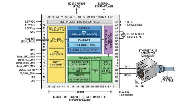 Diagram showing functional block components of single chip gigabit ethernet controller chip.