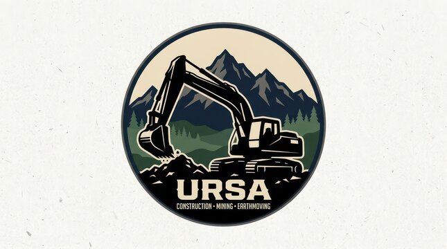 Ursa construction mining and earthmoving circular logo with mountain landscape graphics.