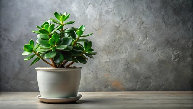 Succulent houseplant crassula ovata in a pot on a grey concrete background copy space