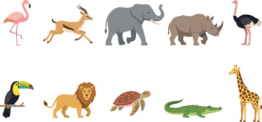 Obraz premium Wild African Safari Animals and Tropical Birds Flat Vector Icon Set with Elephant Lion Giraffe Rhino Gazelle Flamingo Toucan Ostrich Crocodile Turtle