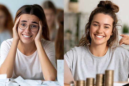 Financial stress contrast leading to relief and success