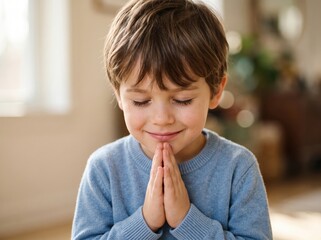Fototapeta premium Young child praying with hands clasped and eyes closed indoors.