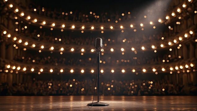 Spotlight illuminates vintage microphone on empty stage, rows of lights in background