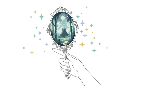 Artistic hand illustration holding a vintage ornate mirror, reflecting a mystical forest and castle scene, surrounded by sparkling star elements.