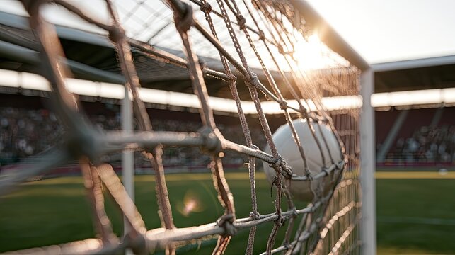 Soccer ball caught in goal net, stadium crowd and sunlit field in background