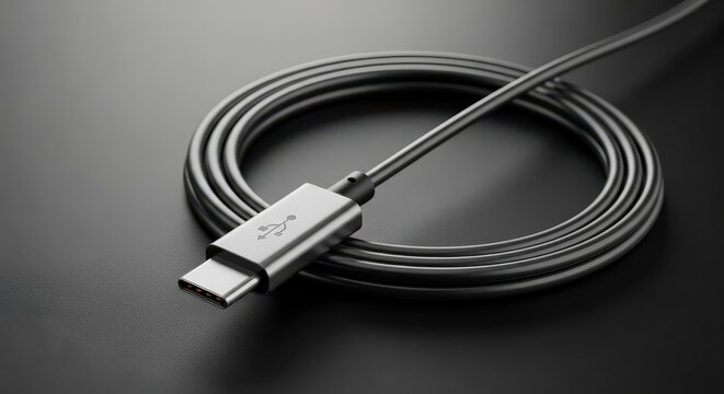 Coiled USB C cable on surface.