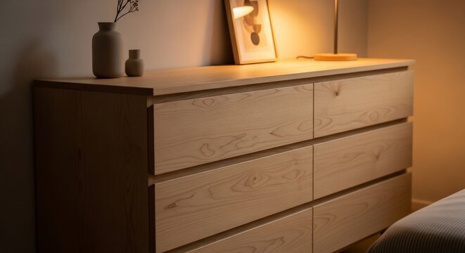 Minimalist wooden chest of drawers in a cozy bedroom interior.