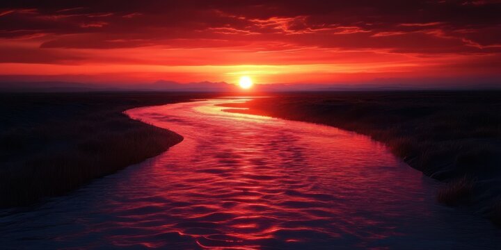 Fiery red sunset over a winding reflective river through marsh grasses, dramatic glowing clouds and serene golden-hour horizon