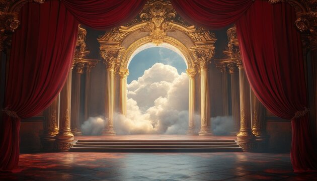 ornate golden arch and columns framed by heavy red velvet curtains opening onto a cloud-filled sky above marble steps, evoking majestic and ethereal wonder