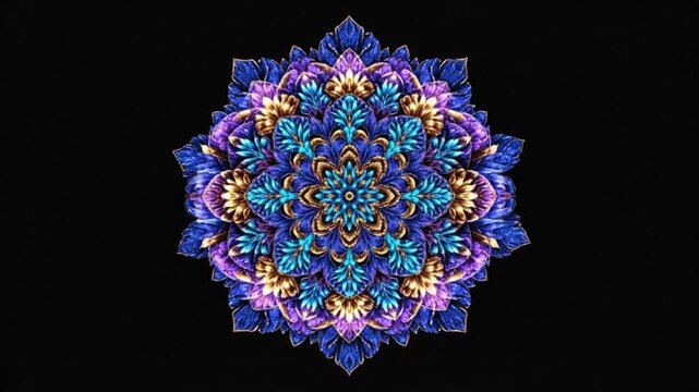 Mesmerizing digital mandala animation with vibrant blue, gold, and turquoise fractal petal pattern against a black background